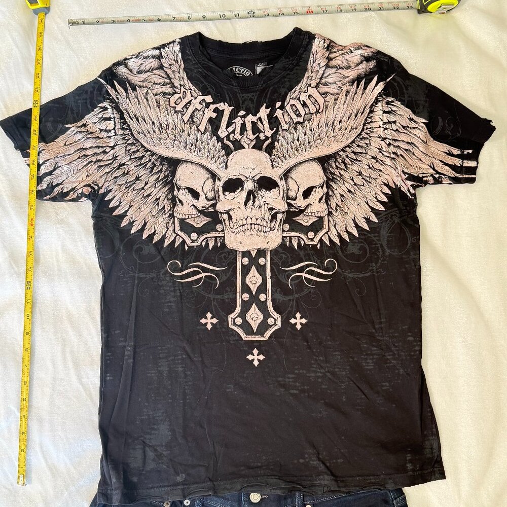 Affliction Mens Large T-shirt Black with Skull Wings